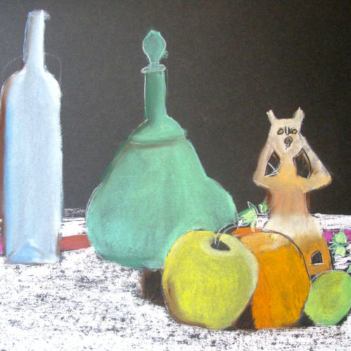 Nature morte avec fruits, bouteilles et une statuette de Martin Lartigue