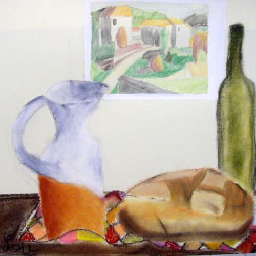 Nature morte avec une image de Ramiro Arrue - Pastels secs. Sara-Lou